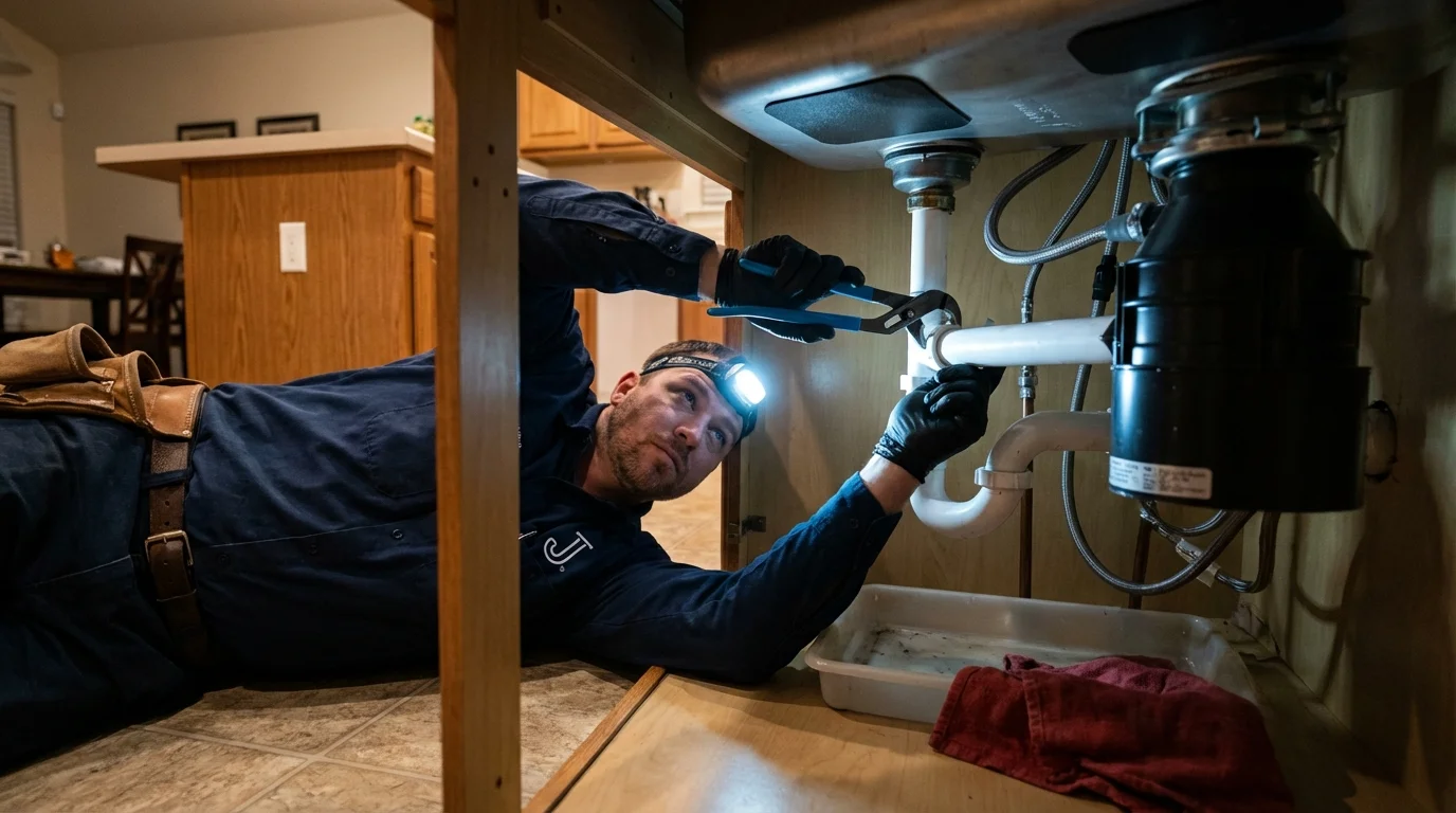 P-trap and supply line connections under a kitchen sink showing a common leak point in Maunabo, PR